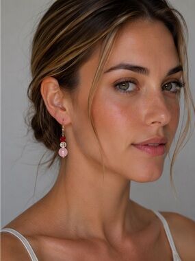 Handmade Gold-Tone Pink and Red Bead Earrings